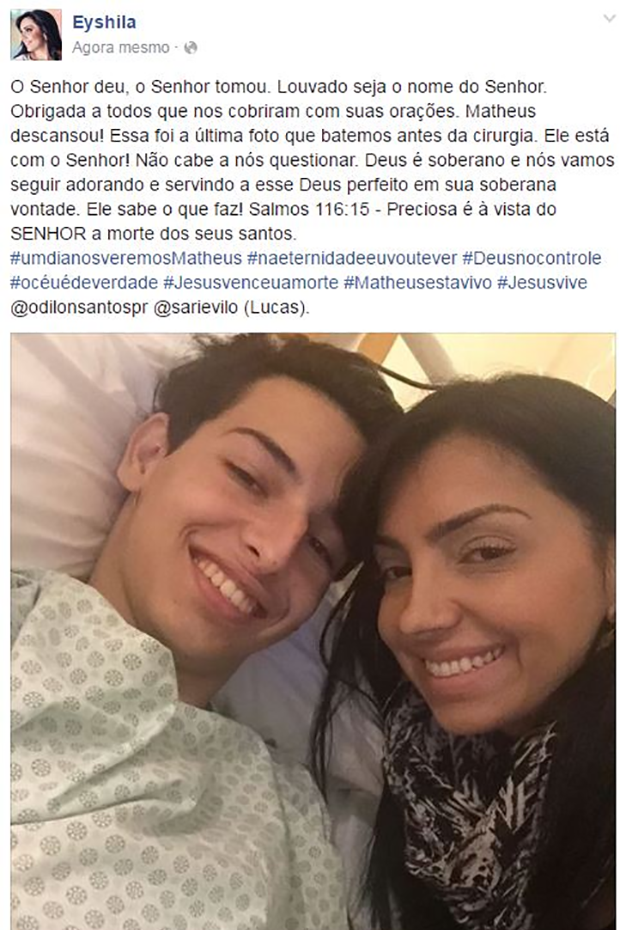 Cantora gospel Eyshila publicou essa mensagem com uma das últimas fotos com o filho para comunicar sua morte (Foto: Facebook / Reprodução)